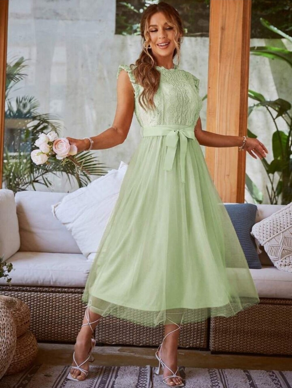 Women's Simplee Brand Contrast Lace Mint Green Belted Mesh Midi Dress | SIZE L - Picture 4 of 9